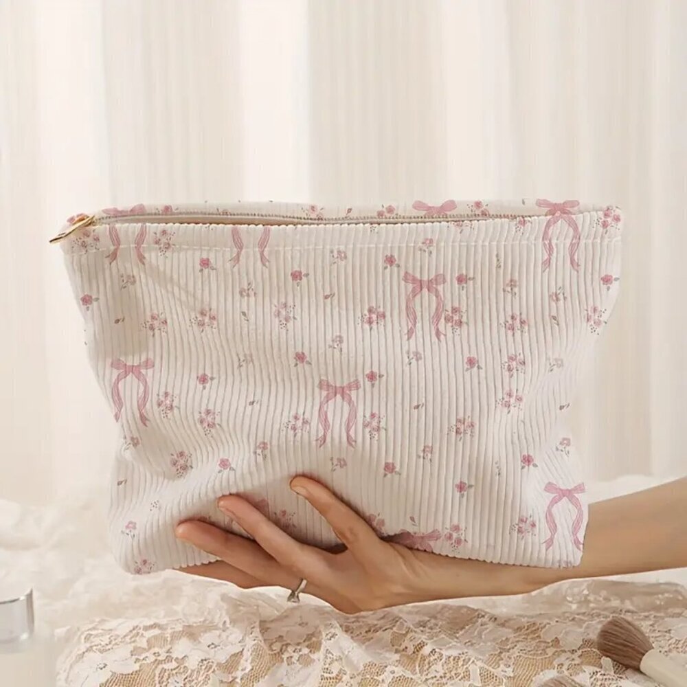 Bowknot Floral Printed Corduroy Zipper Cosmetic Bag